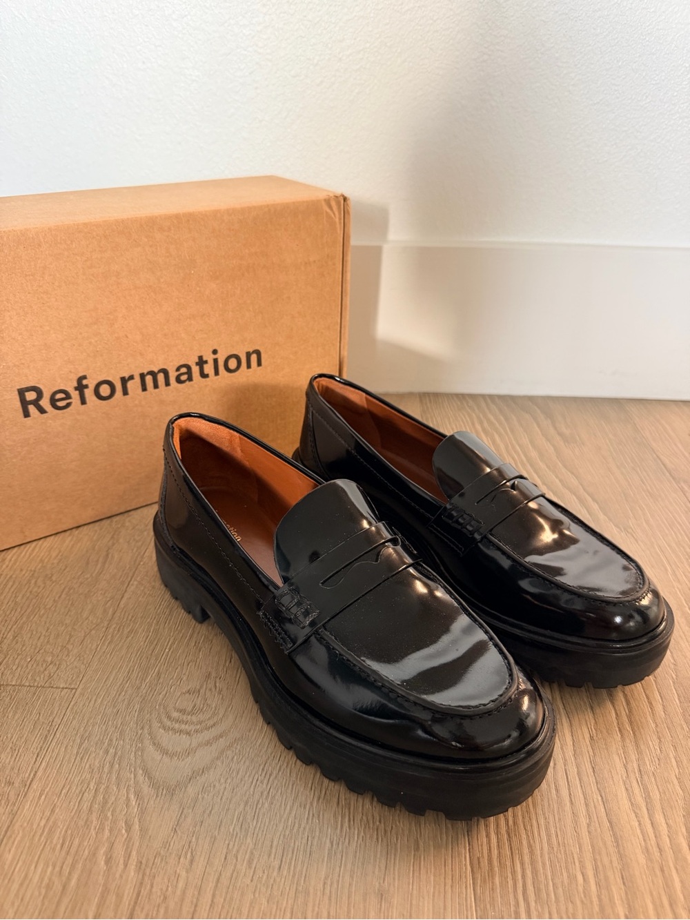Reformation Black Patent Lug-Sole Penny Loafers